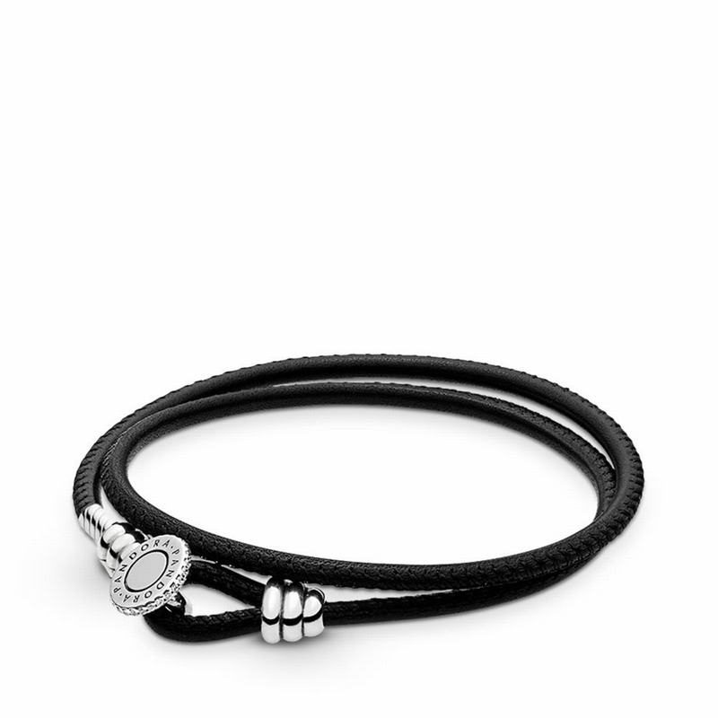 Pandora Black Double Leather Bracelet NZ, Sterling Silver (804715-GZI)